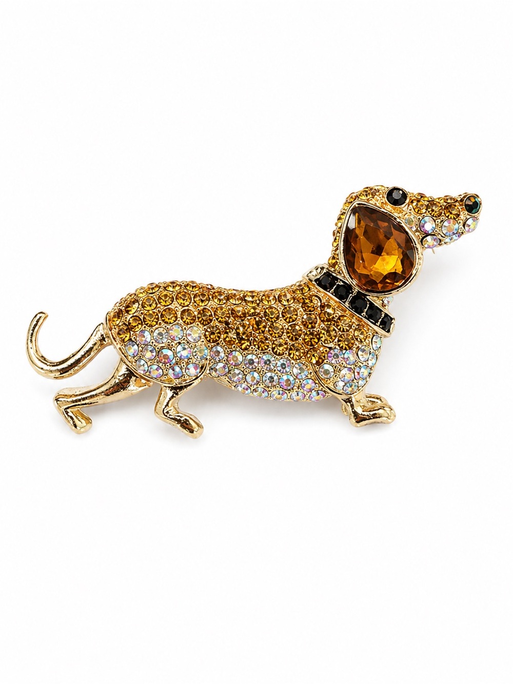 NWT Gold Tone Dachshund Dog Brooch Pin w/ Amber & Aurora Rhinestones